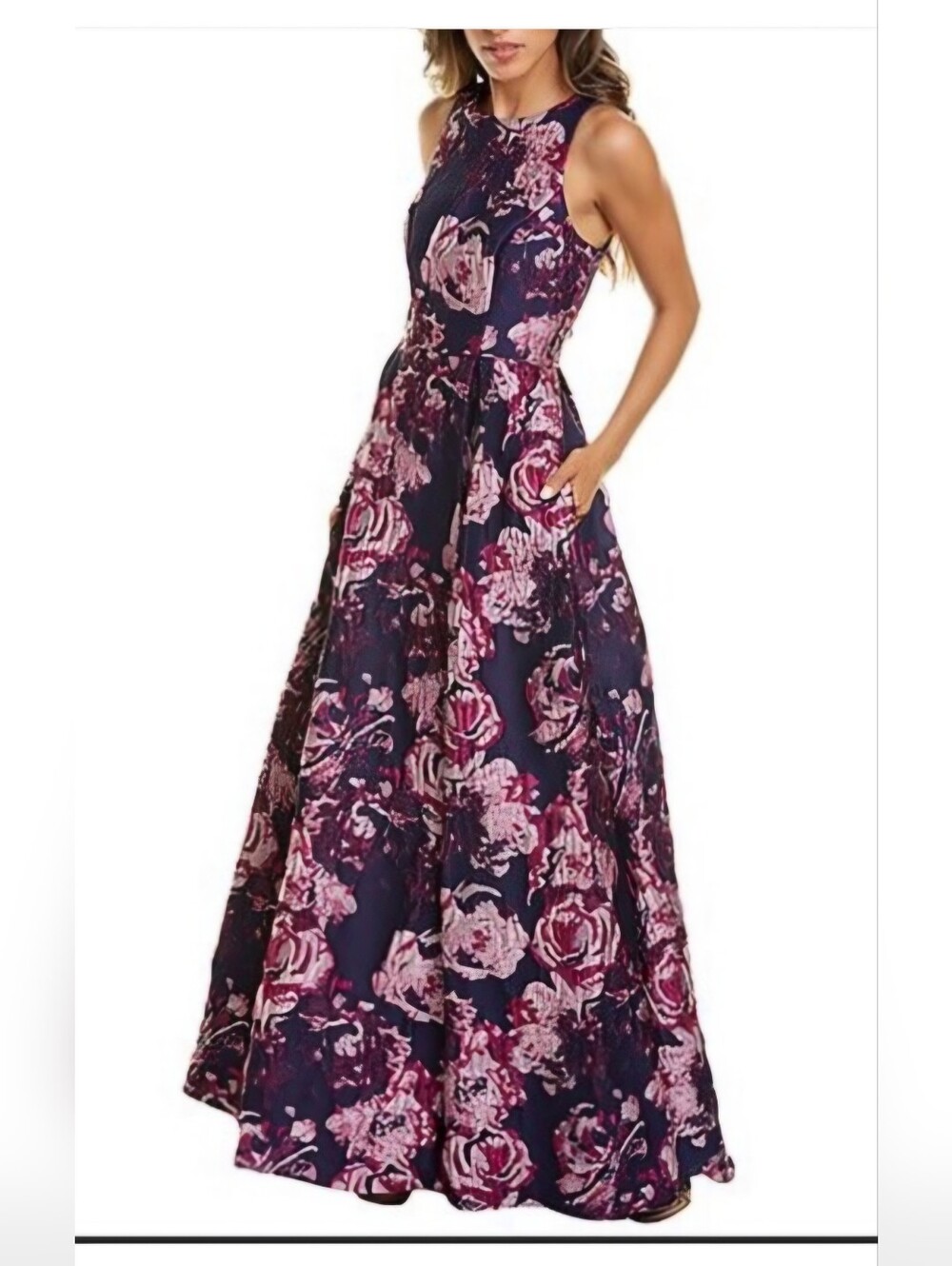 Aidan Mattox Navy and Pink Floral Sleeveless Maxi Dress